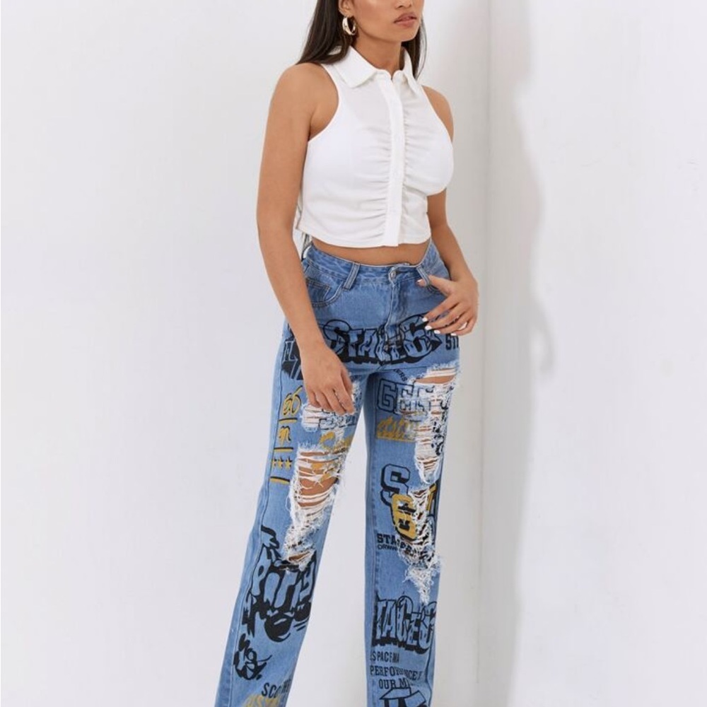 SHEIN High Waisted Straight Leg Distressed Graphic Jeans